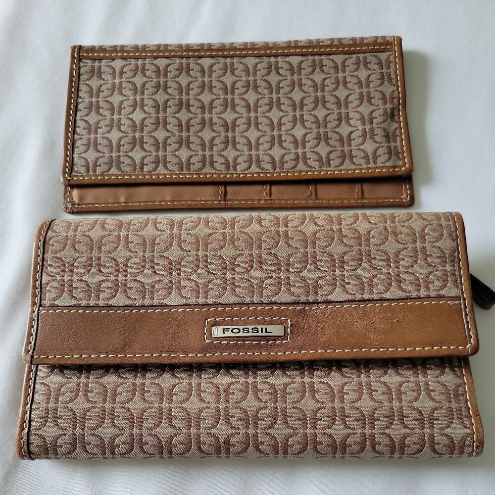 Vintage Fossil Tri-Fold 2PC Wallet Brown Jacquard Logo Canvas Leather Checkbook